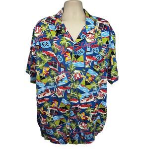 Hawaiian Retro Route 66 All Over Print Blue Vintage Button Up Shirt 3XL Pocket
